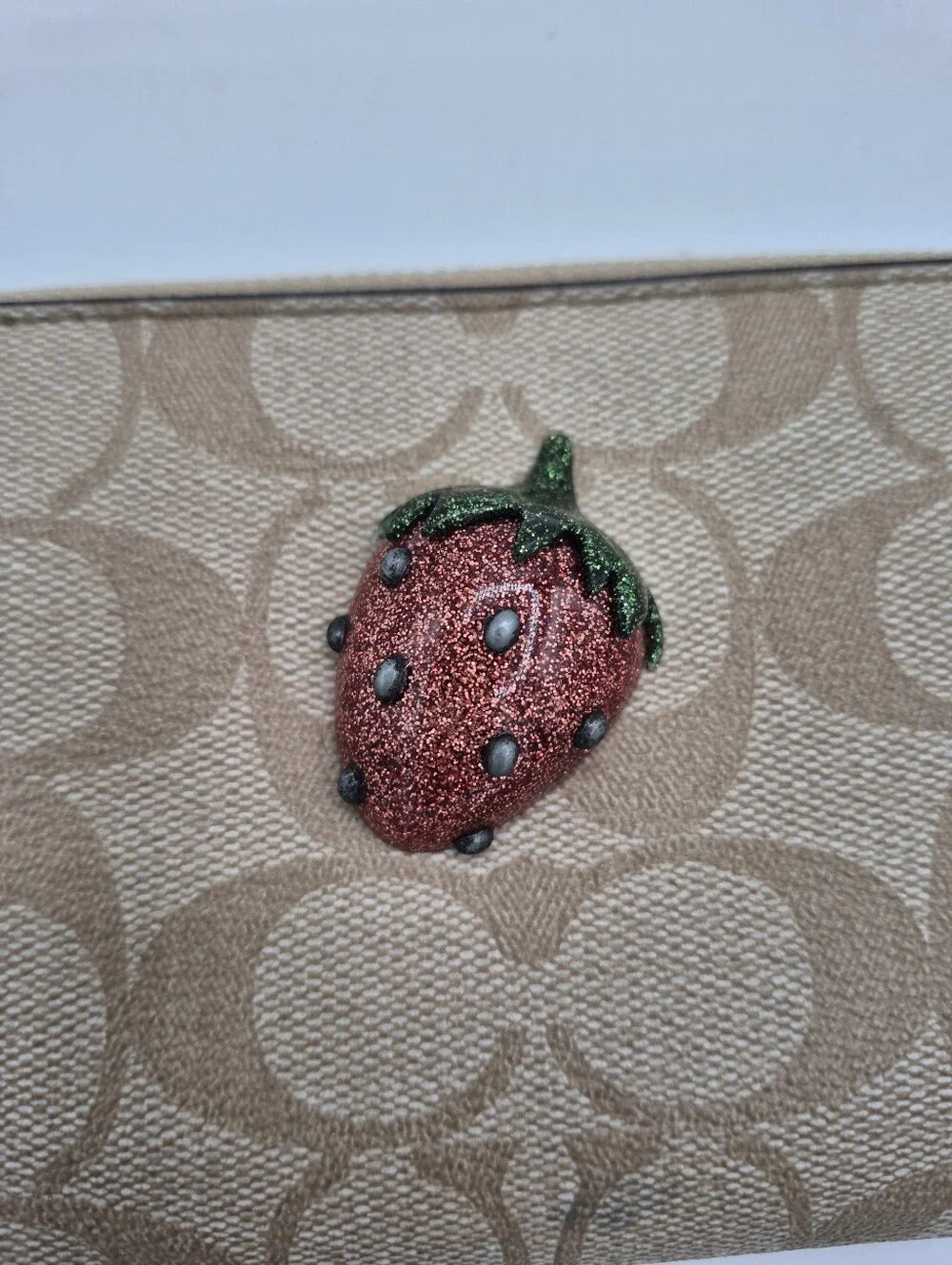 Coach Tan Signature Canvas Zip Wallet with Red Strawberry Accent - Picture 7 of 9